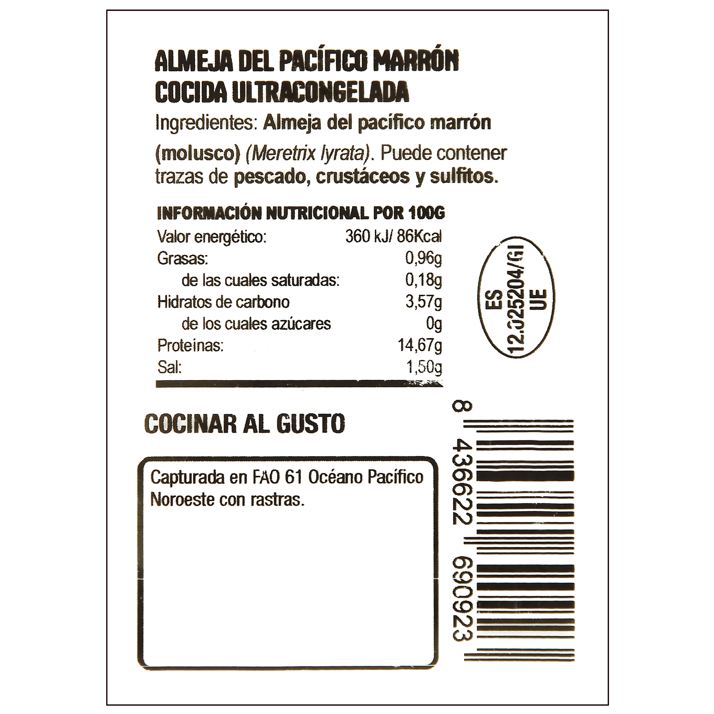 Almeja marrón pacífico cocida con un peso de 800g