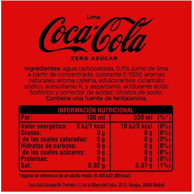 Refresco Zero Coca-Cola 1,25l lima