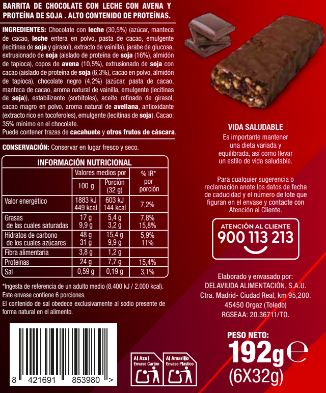 Barrita de proteínas de chocolate con leche Alipende 192g