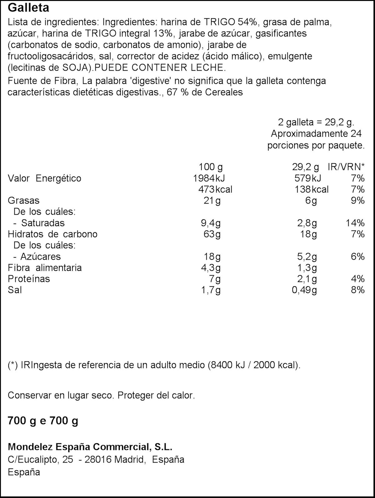Galleta digestive Fontaneda 700g