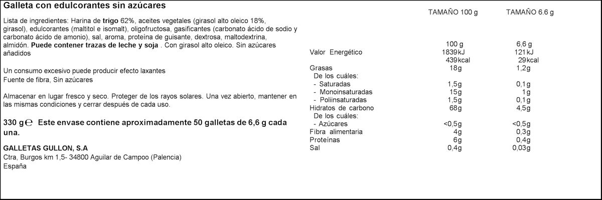 Galleta dorada al horno sin azúcar Gullón 330g