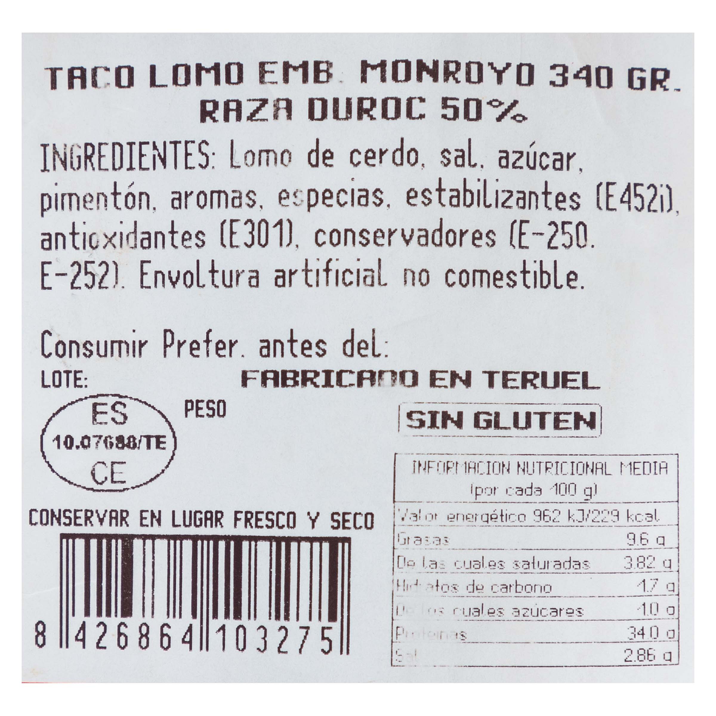 Taco de lomo embuchado raza duroc Monroyo pieza 340g aprox
