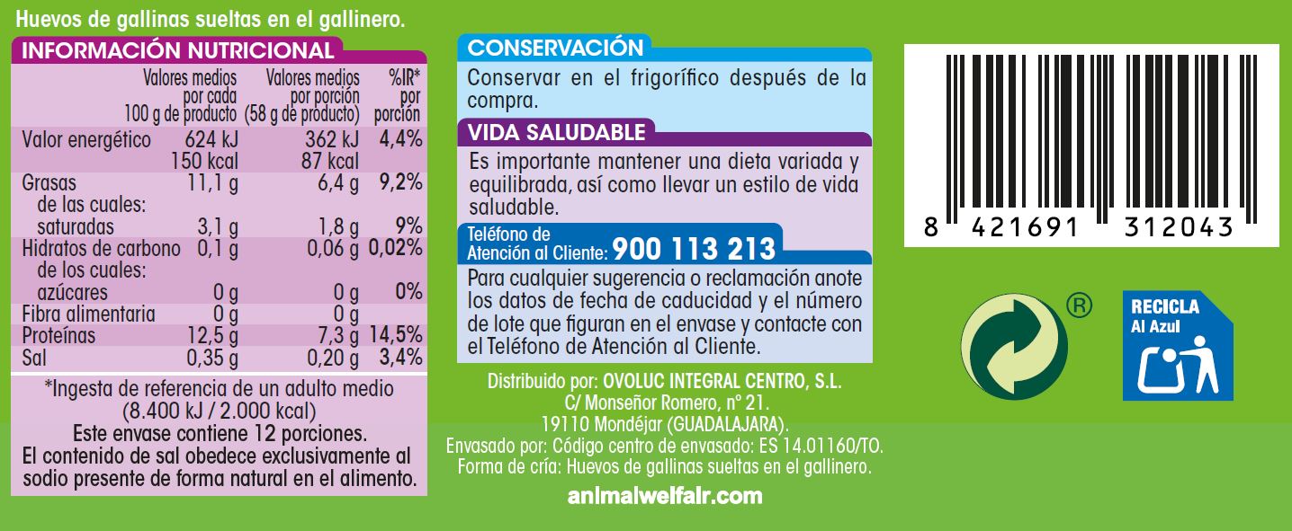 Huevos de gallinas sueltas en el gallinero Alipende 12u "clase m"