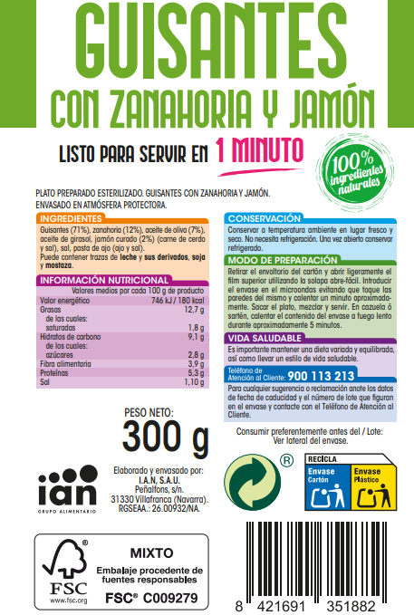 Guisantes con zanahoria y jamon Alipende 300g