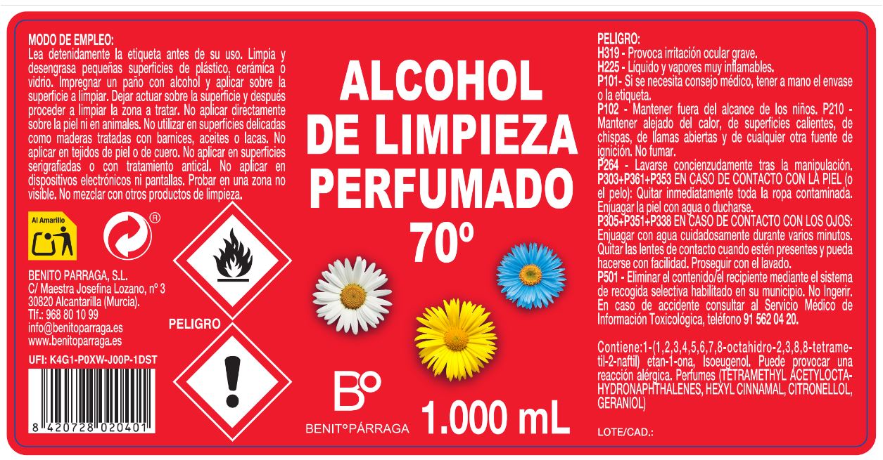Alcohol de limpieza 70º Benito Parraga 1l perfumado