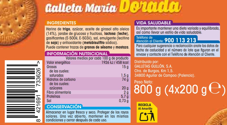 Galleta maria Alipende 800g dorada
