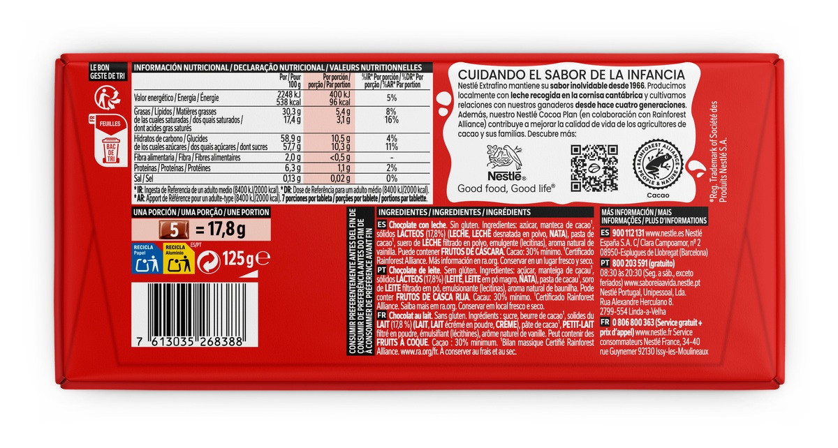 Chocolate con leche Nestlé Extrafino tableta 125g