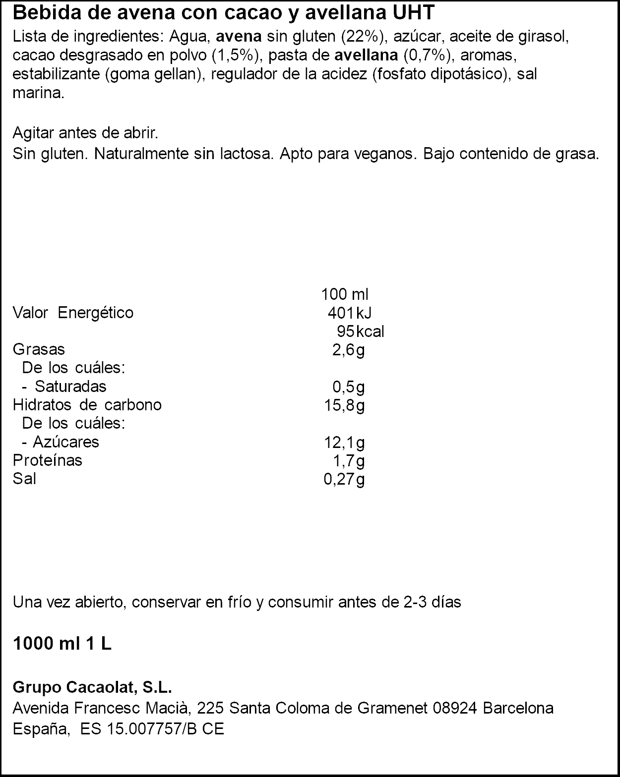 Bebida vegetal con avena y cacao Cacaolat 1l