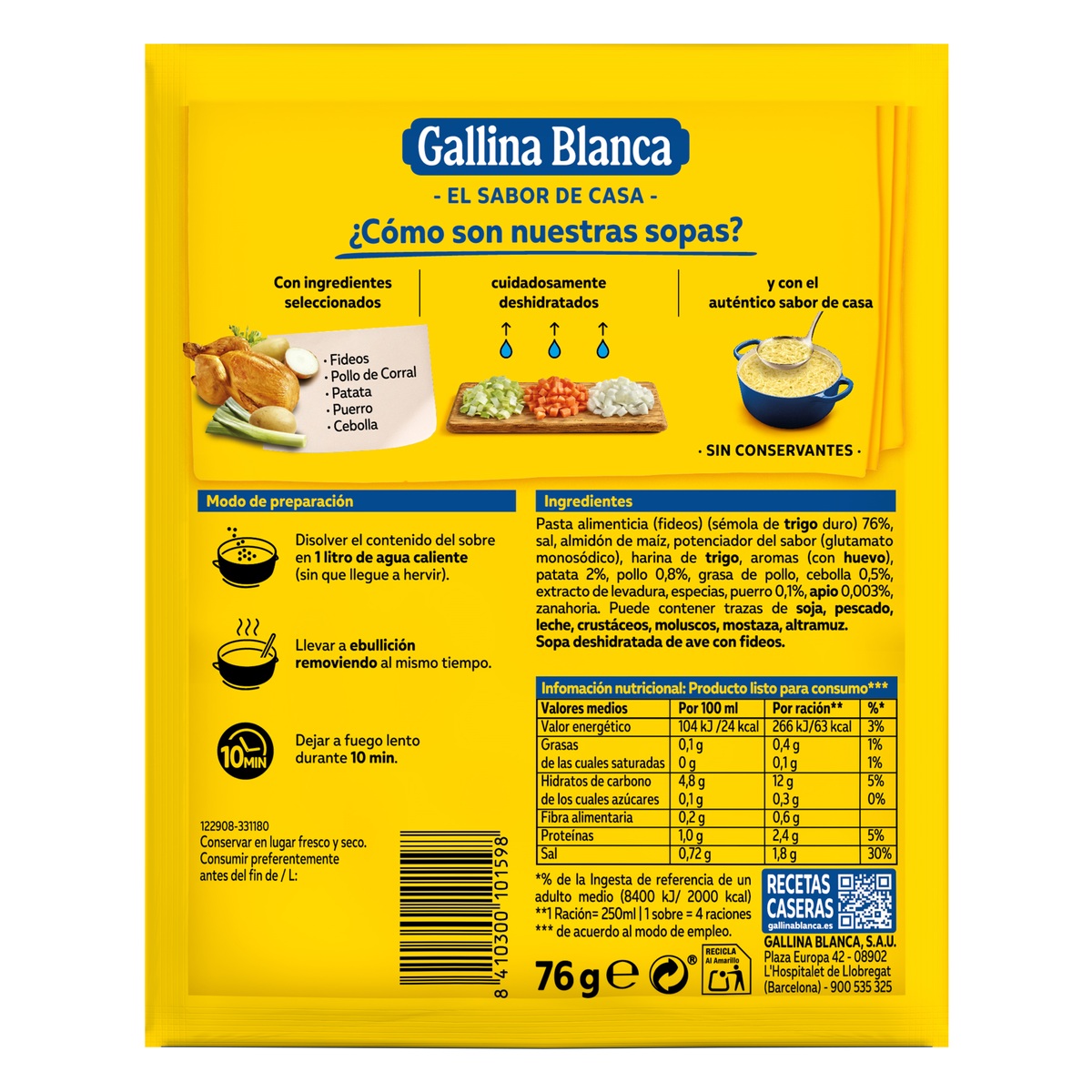 Sopa Gallina Blanca 76g ave con fideos