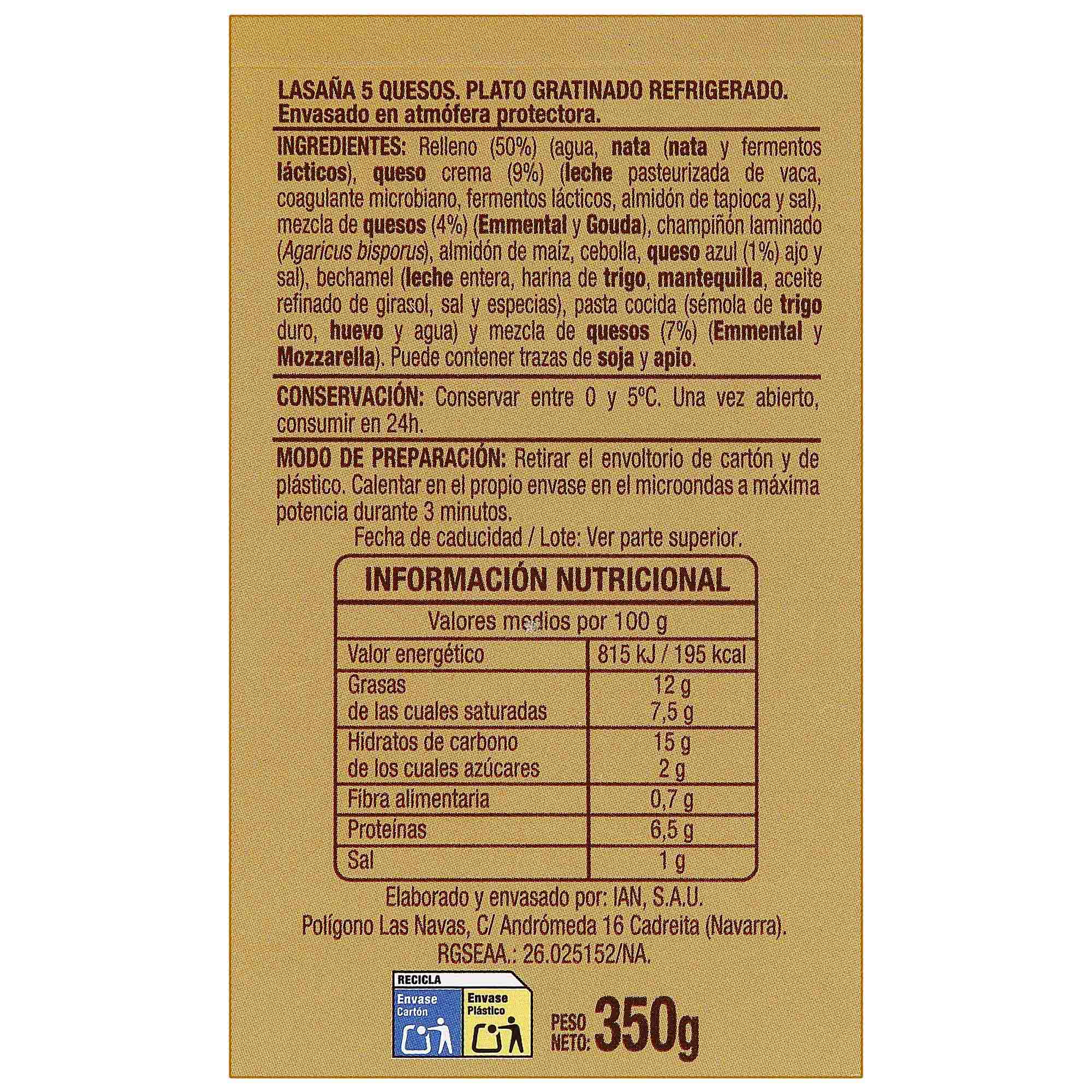 Lasaña gratinada con cinco quesos 350g