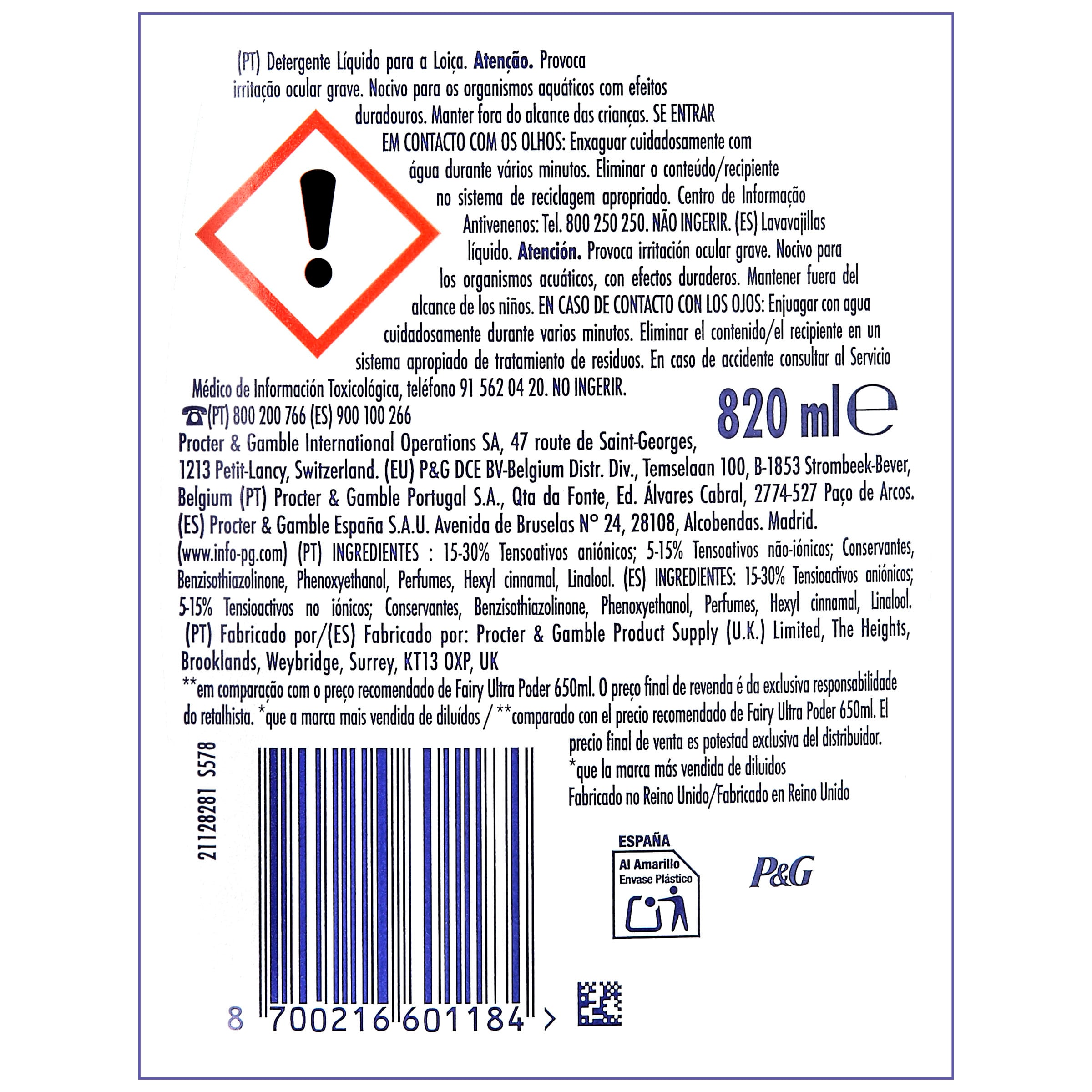 LAVAVAJILLAS FAIRY 820ML ULTRA PODER