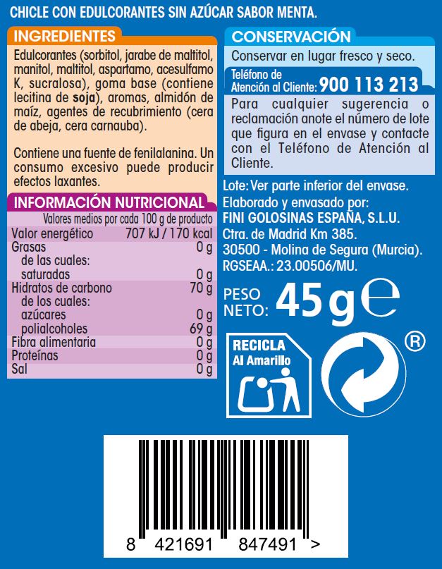 Chicles menta s/gluten s/azúcar Alipende 45g