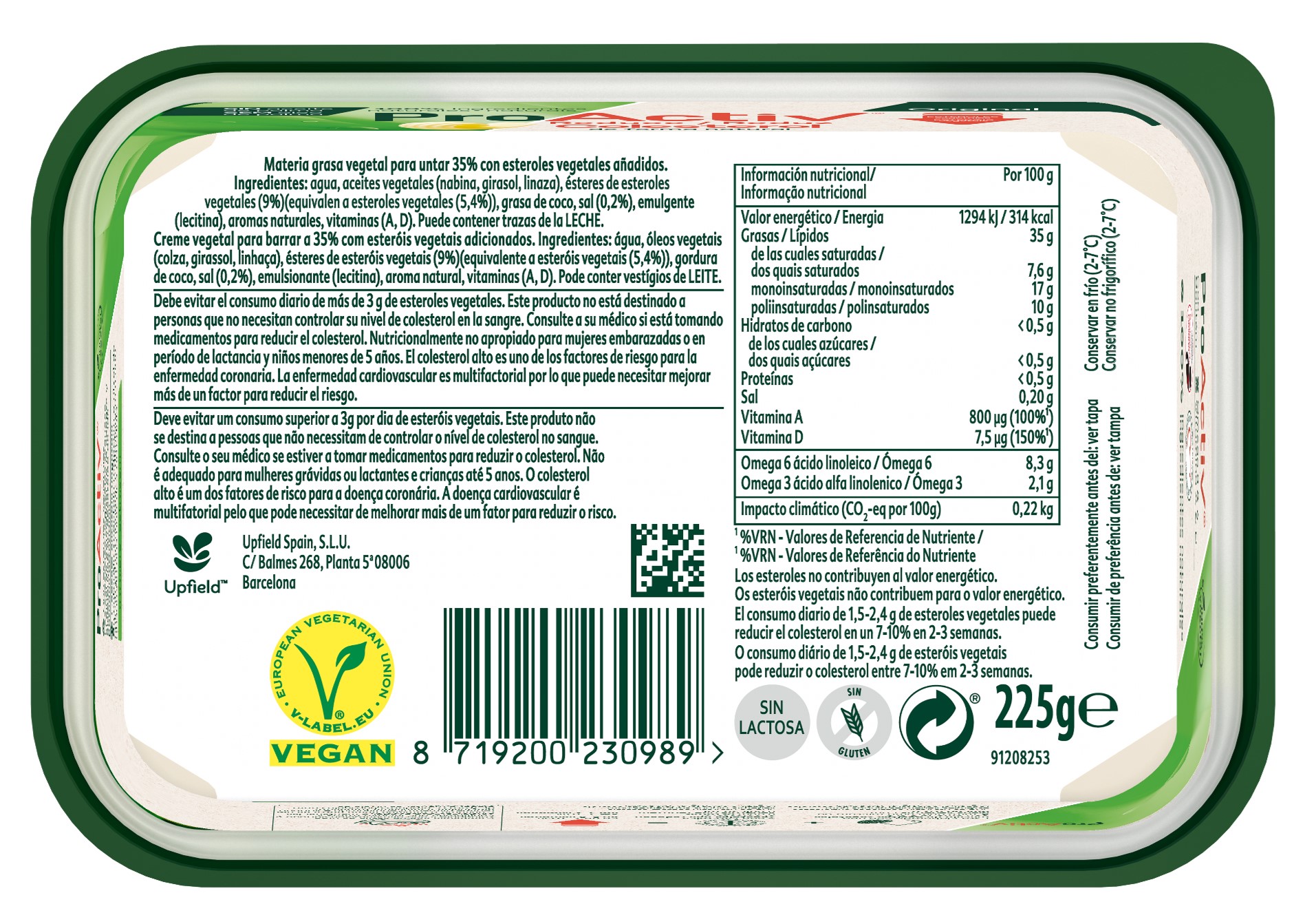 Materia grasa vegetal para untar Pro-Activ 225gr original
