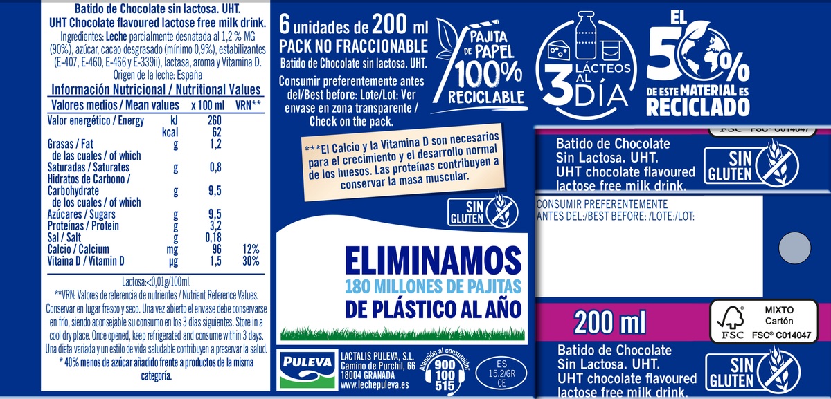 Batido sin lactosa Puleva 200ml pack 6 chocolate
