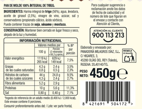 Pan de molde integral sin corteza Alipende 450g