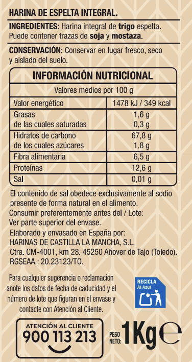 Harina espelta integral alto contenido de fibra Alipende 1kg