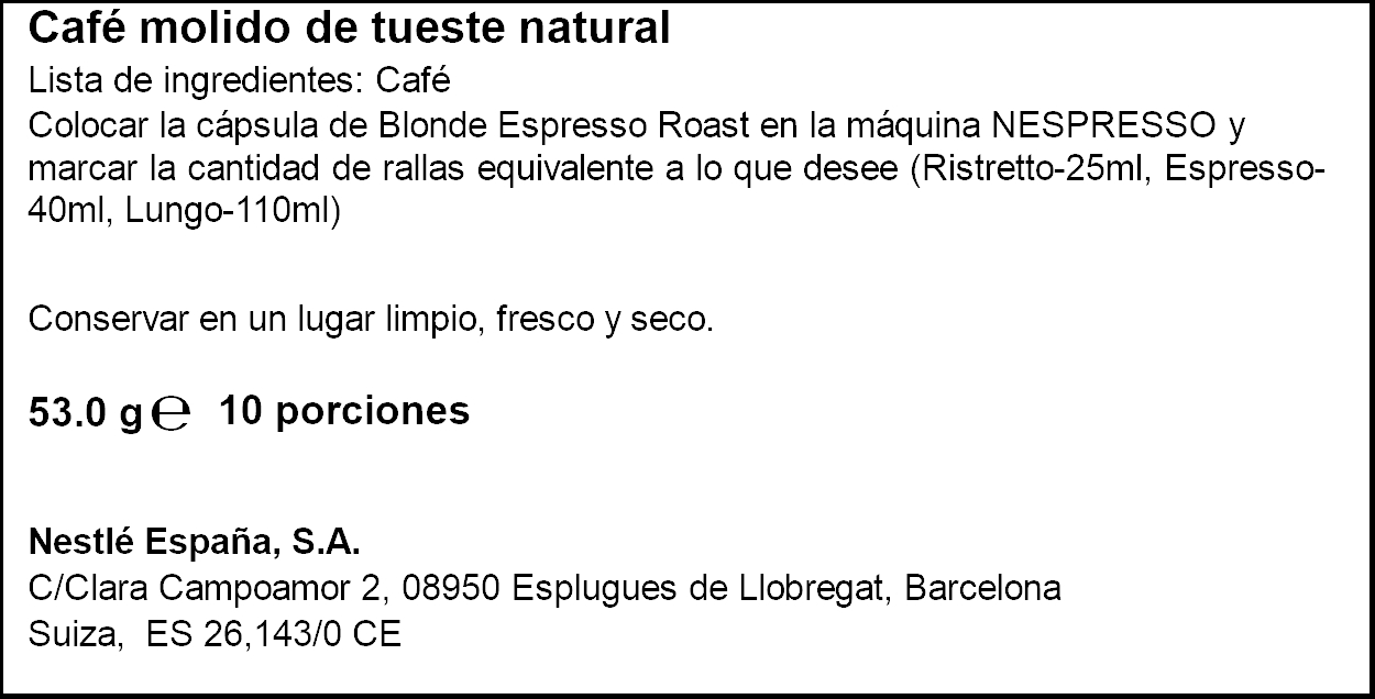 Café Blonde Espresso Roast Intensidad 6 Starbucks Nespresso 10 Cápsulas