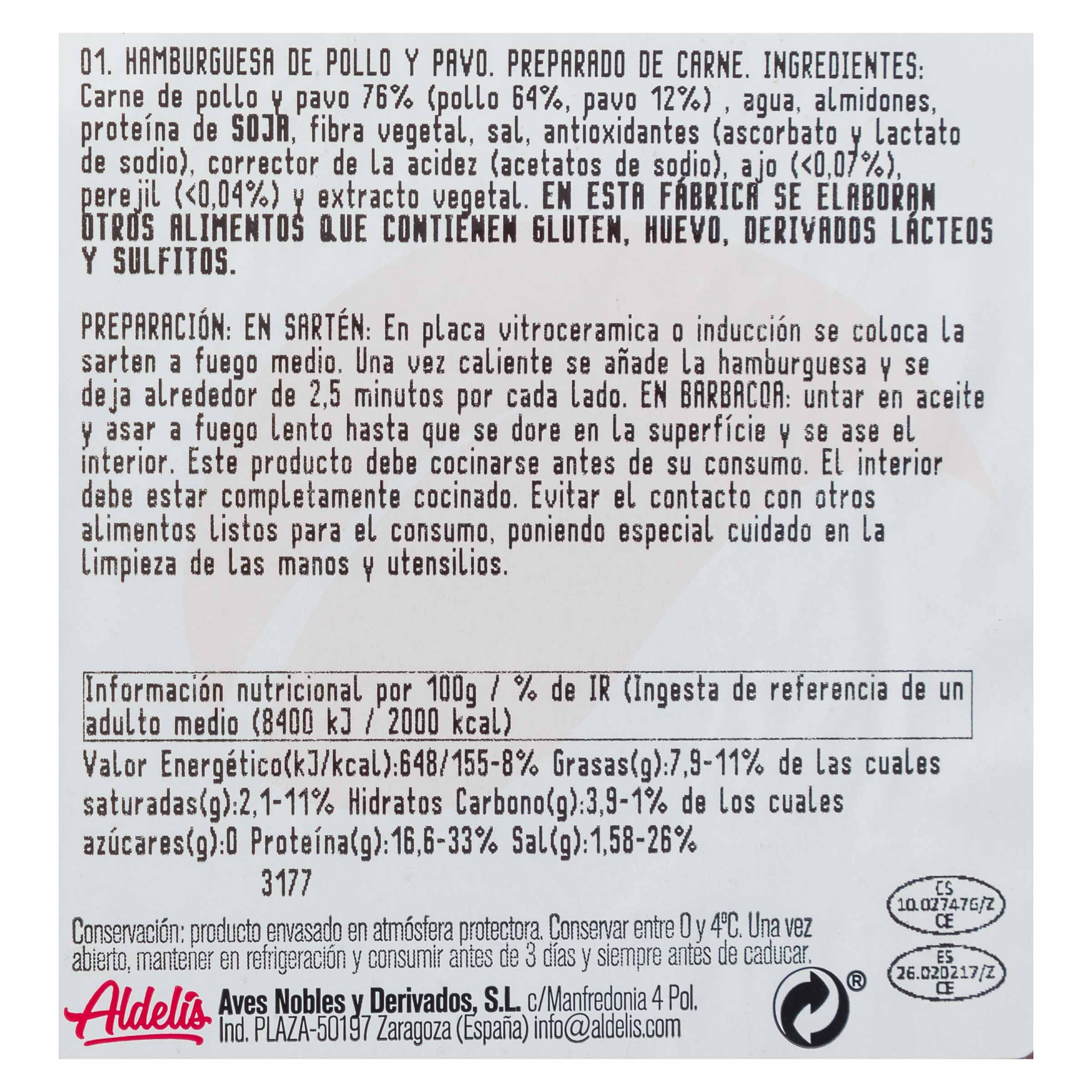 Hamburguesa de pollo y pavo Aldelis pack 4 de 80g