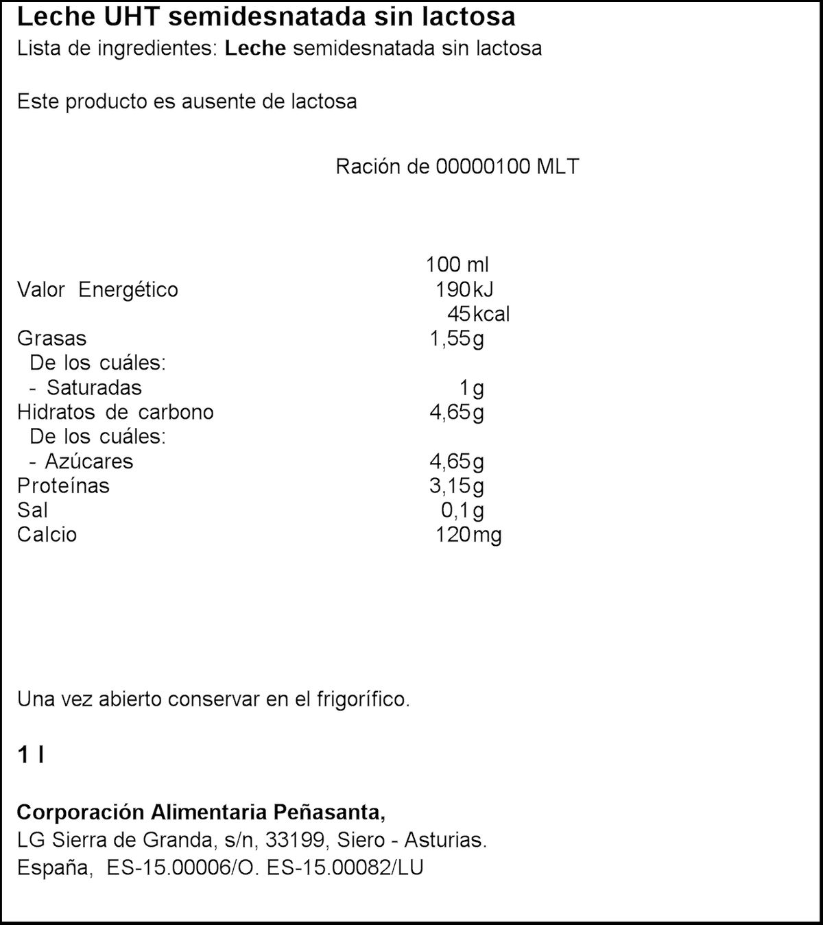 Leche sin lactosa Asturiana 1l semidesnata