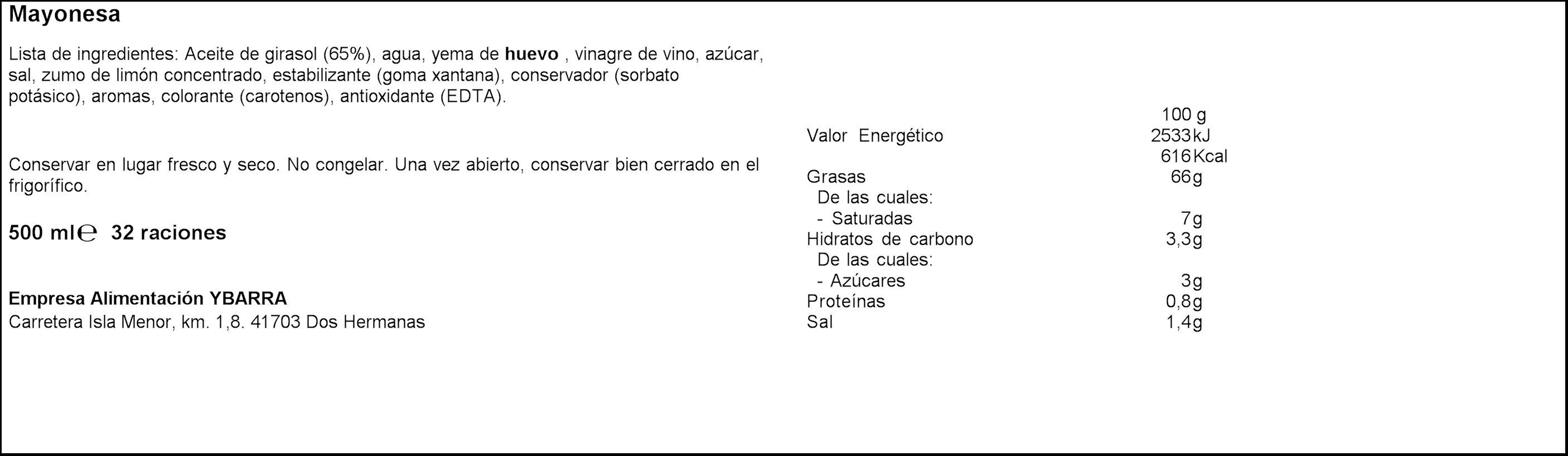 Mayonesa Ybarra 500ml bocabajo
