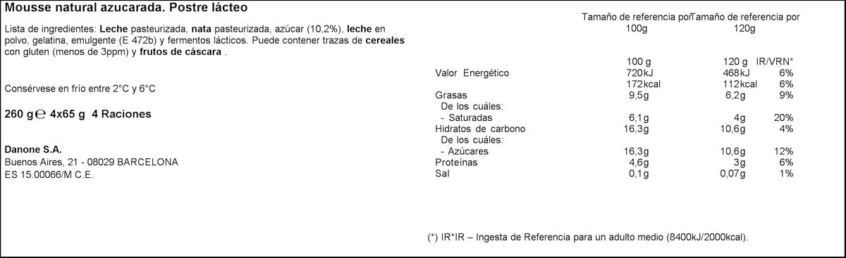 Mousse Danone pack 4 natural azucarado
