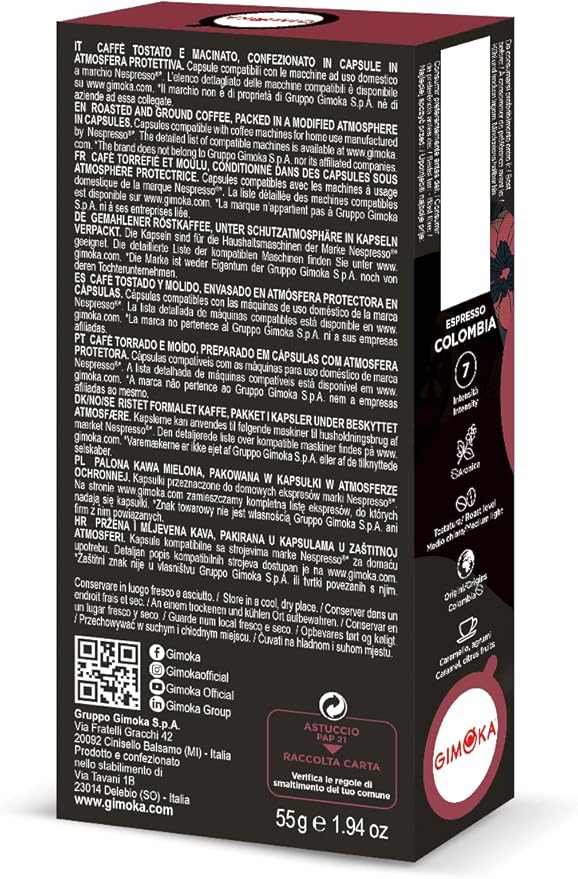 Cápsulas de café compatible Nespresso espresso colombia 100% arábica Gimoka 10 cápsulas