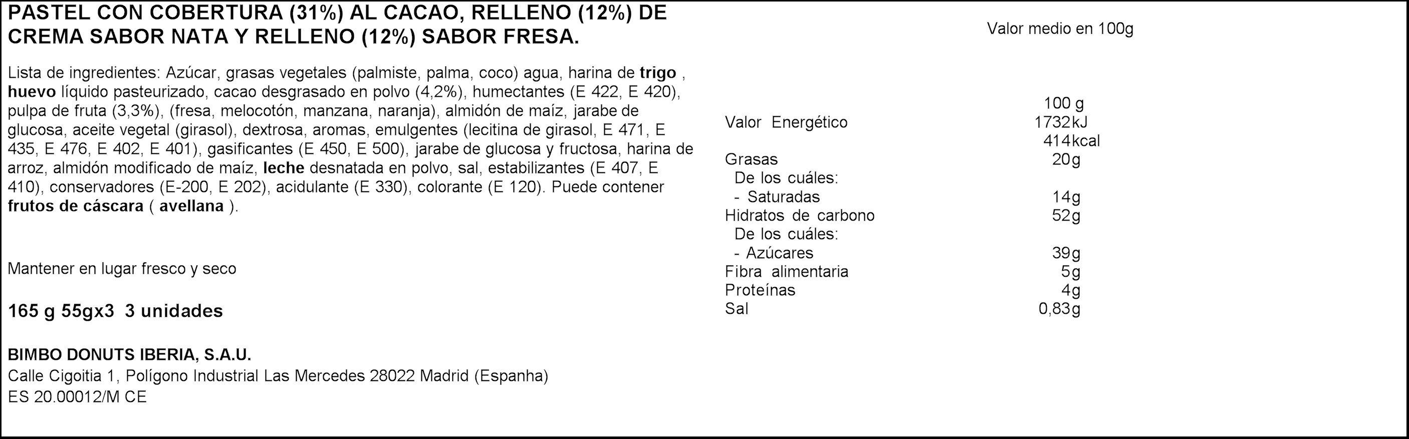 Pastelito Bony Bimbo relleno crema y mermelada fresa 3 uds