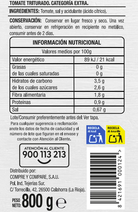 Tomate triturado sin gluten categoría extra Alipende 800 g