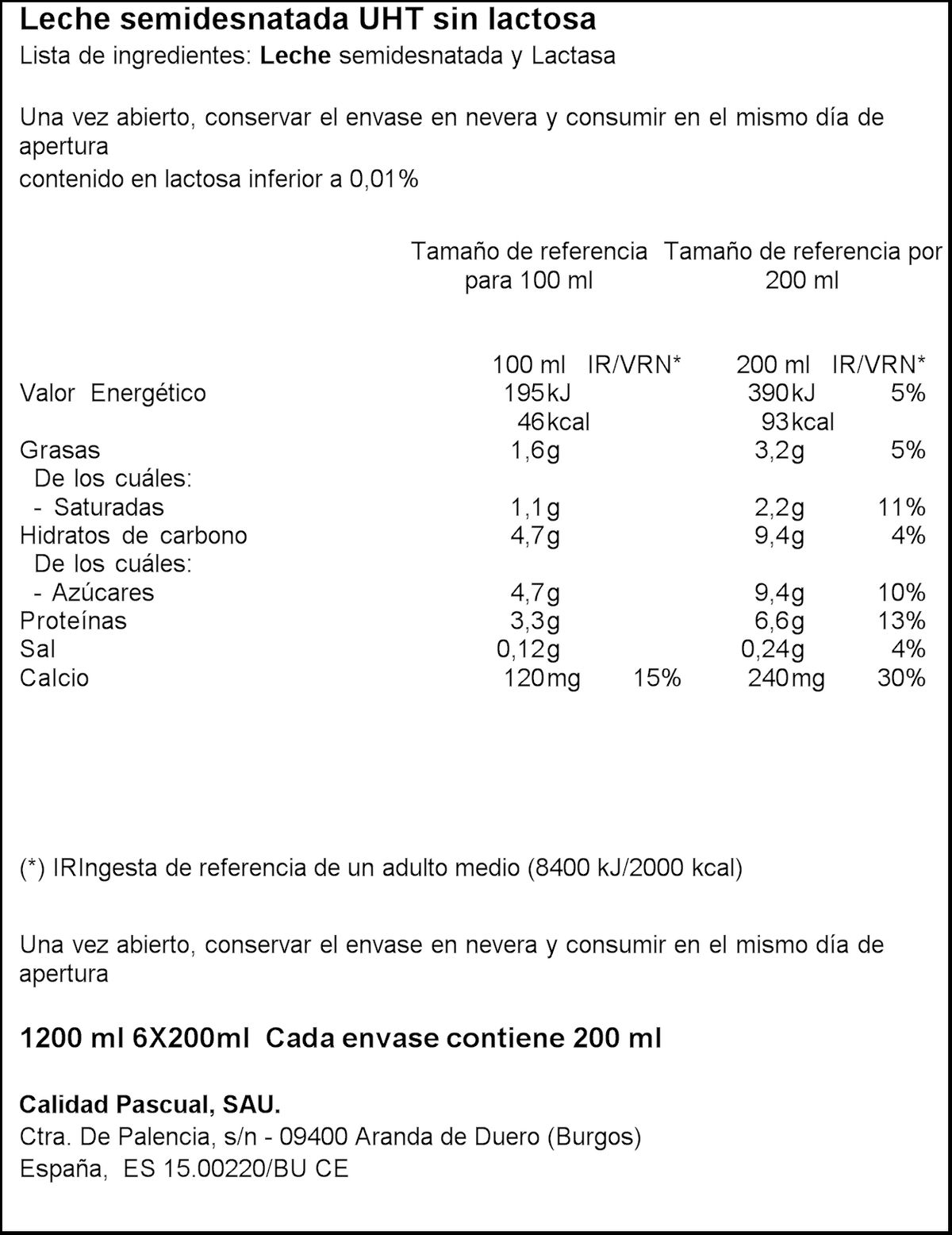 Leche sin lactosa Pascual 200ml Pack 6 Semidesnatada