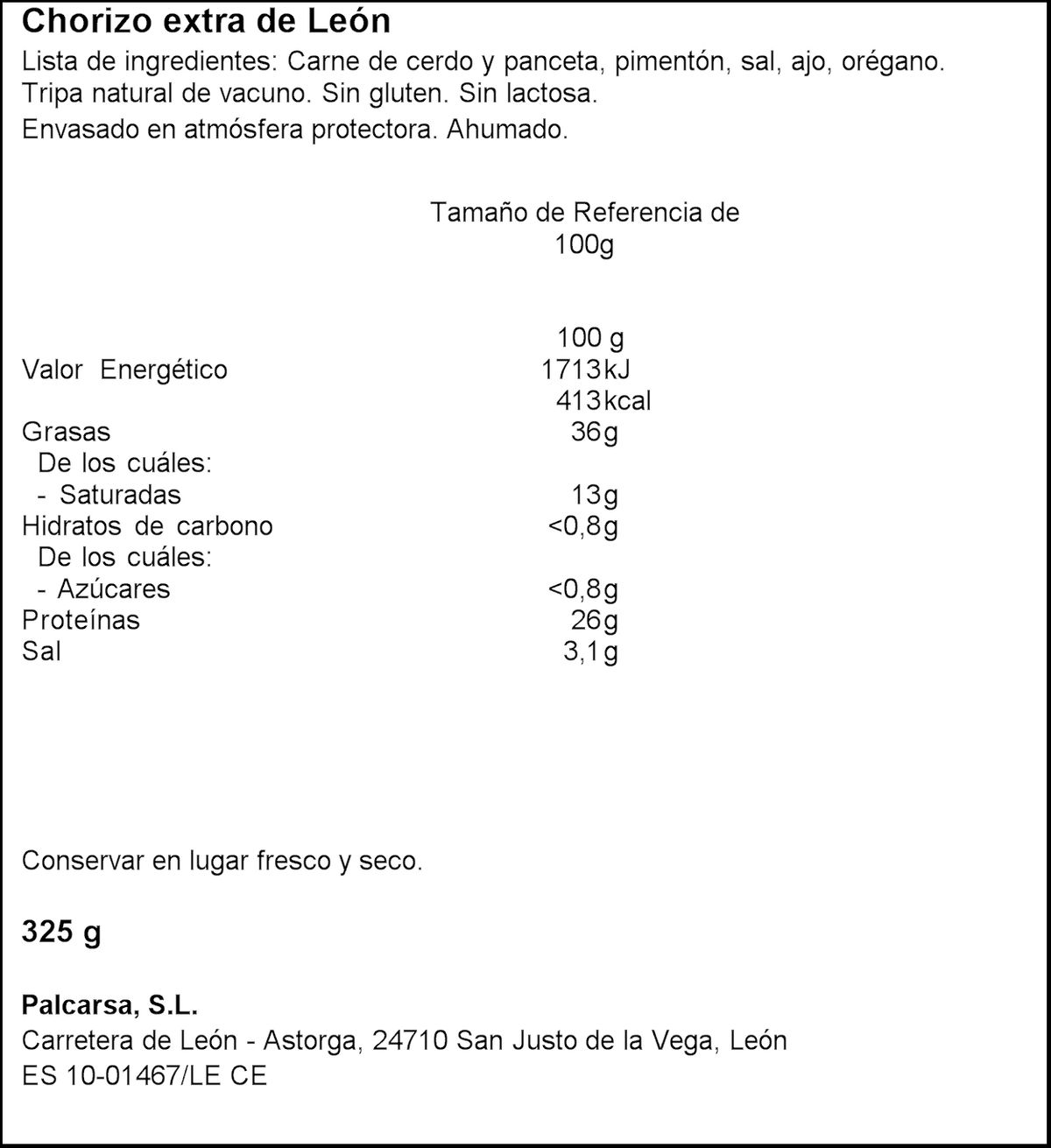 Chorizo de león Palcarsa pieza 325g