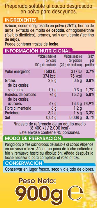Cacao soluble sin gluten Alipende 900g