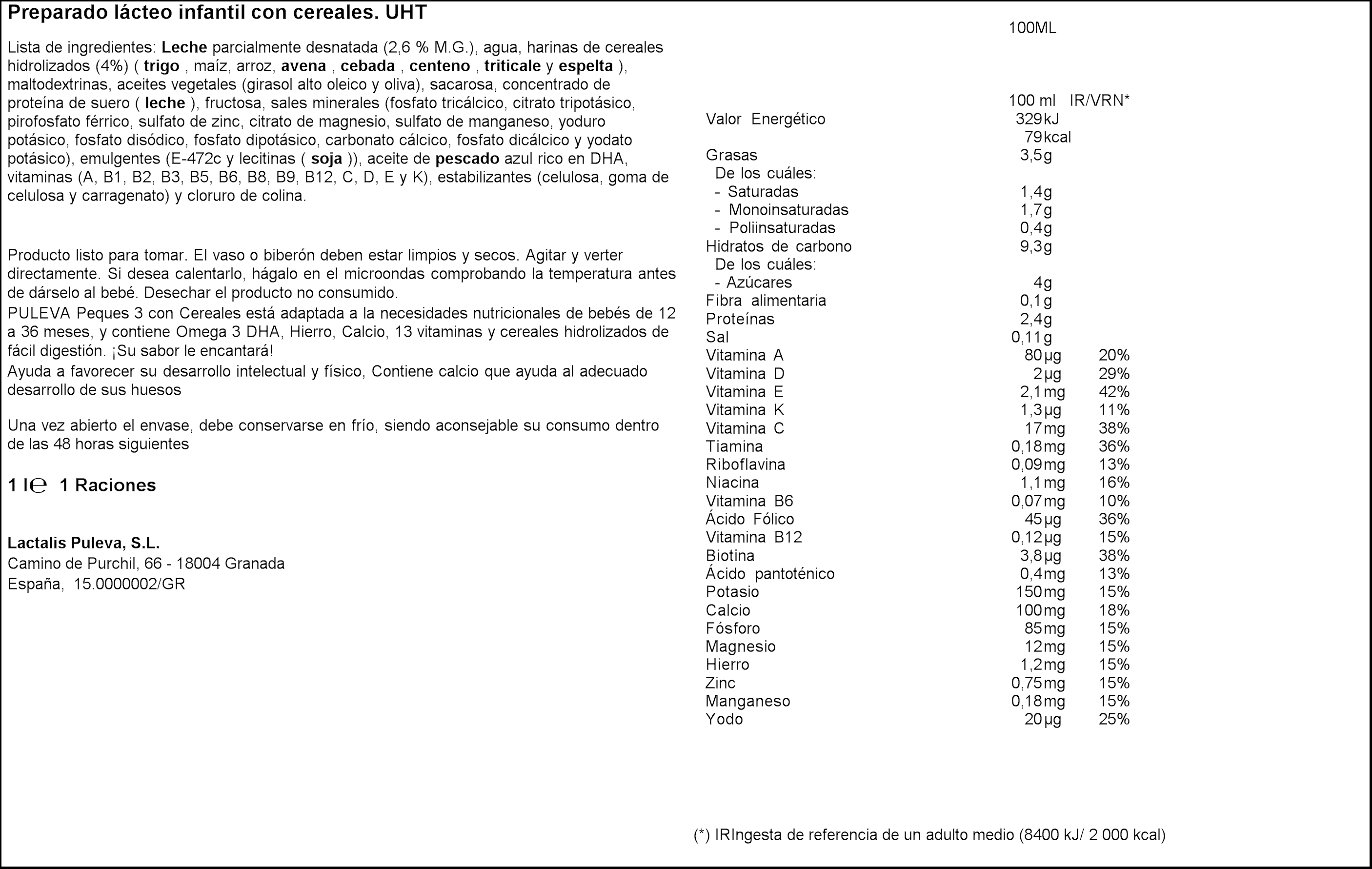 Leche crecimiento Puleva peques 3 cereales 12-36meses 1l