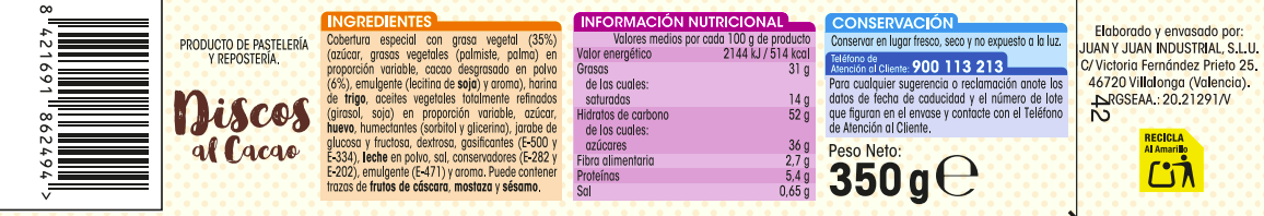 Discos de pastelería al cacao Alipende 350 g
