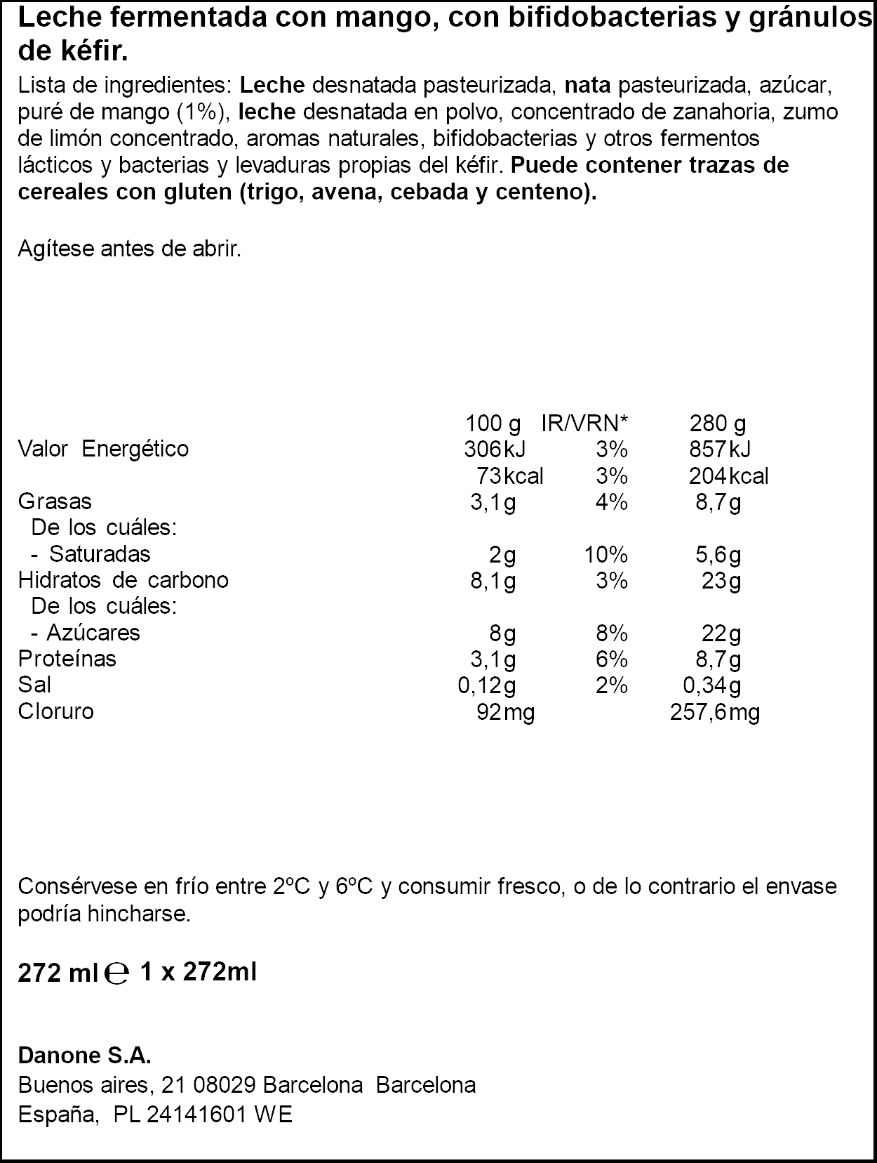 Kéfir líquido Activia mango con probióticos 280g