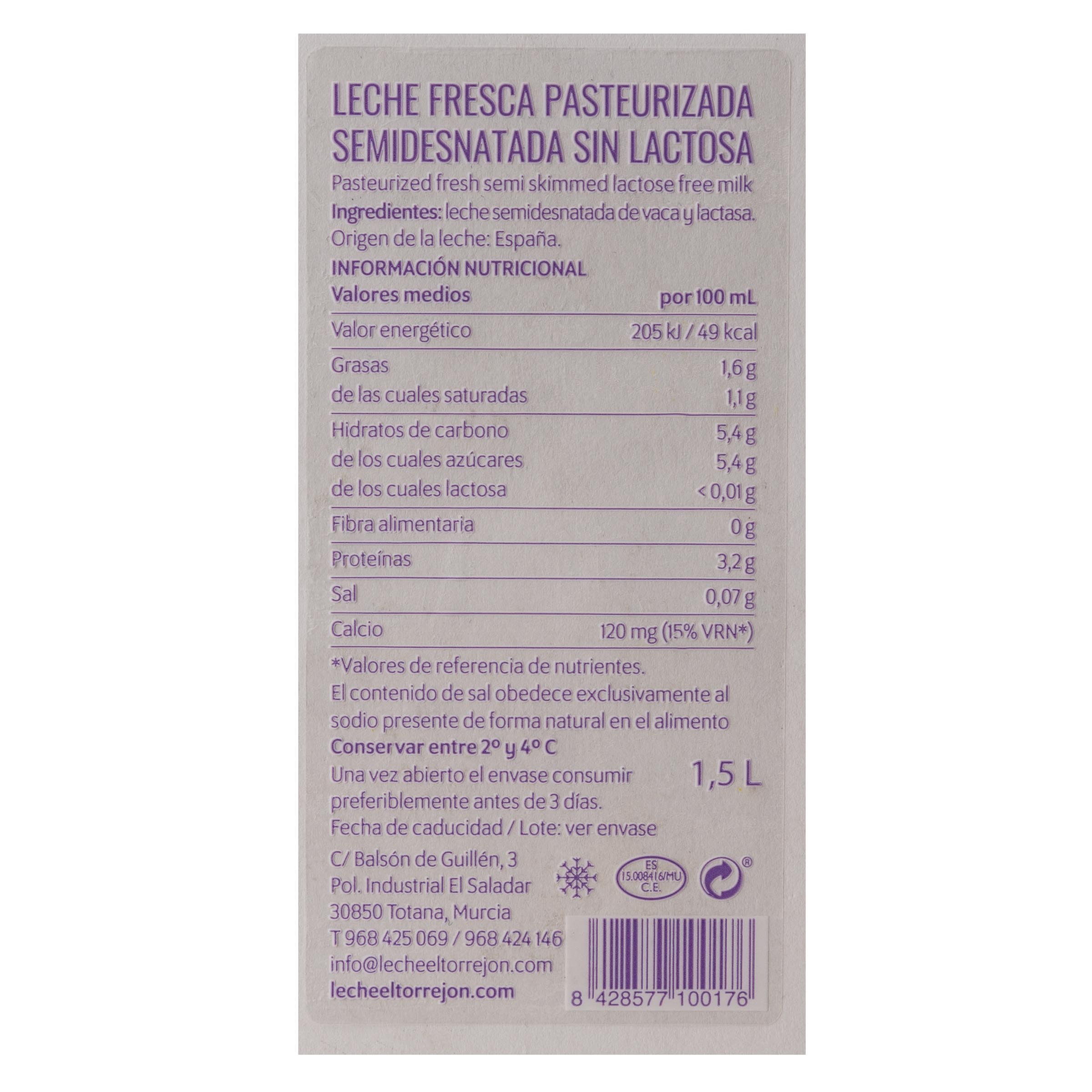 Leche fresca sin lactosa El Torrejón 1,5l semidesnatada