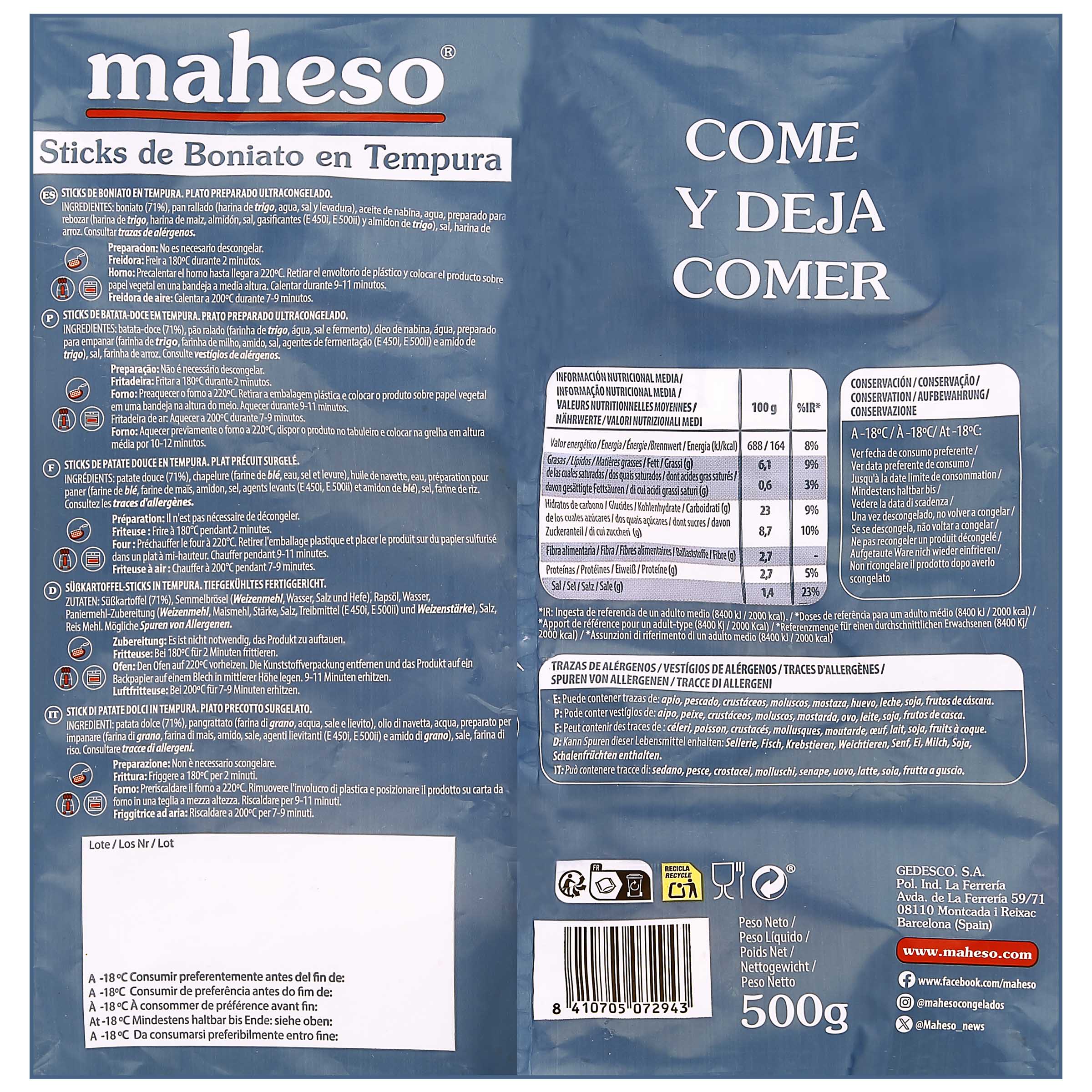 Stick de boniato tempura Maheso 500g