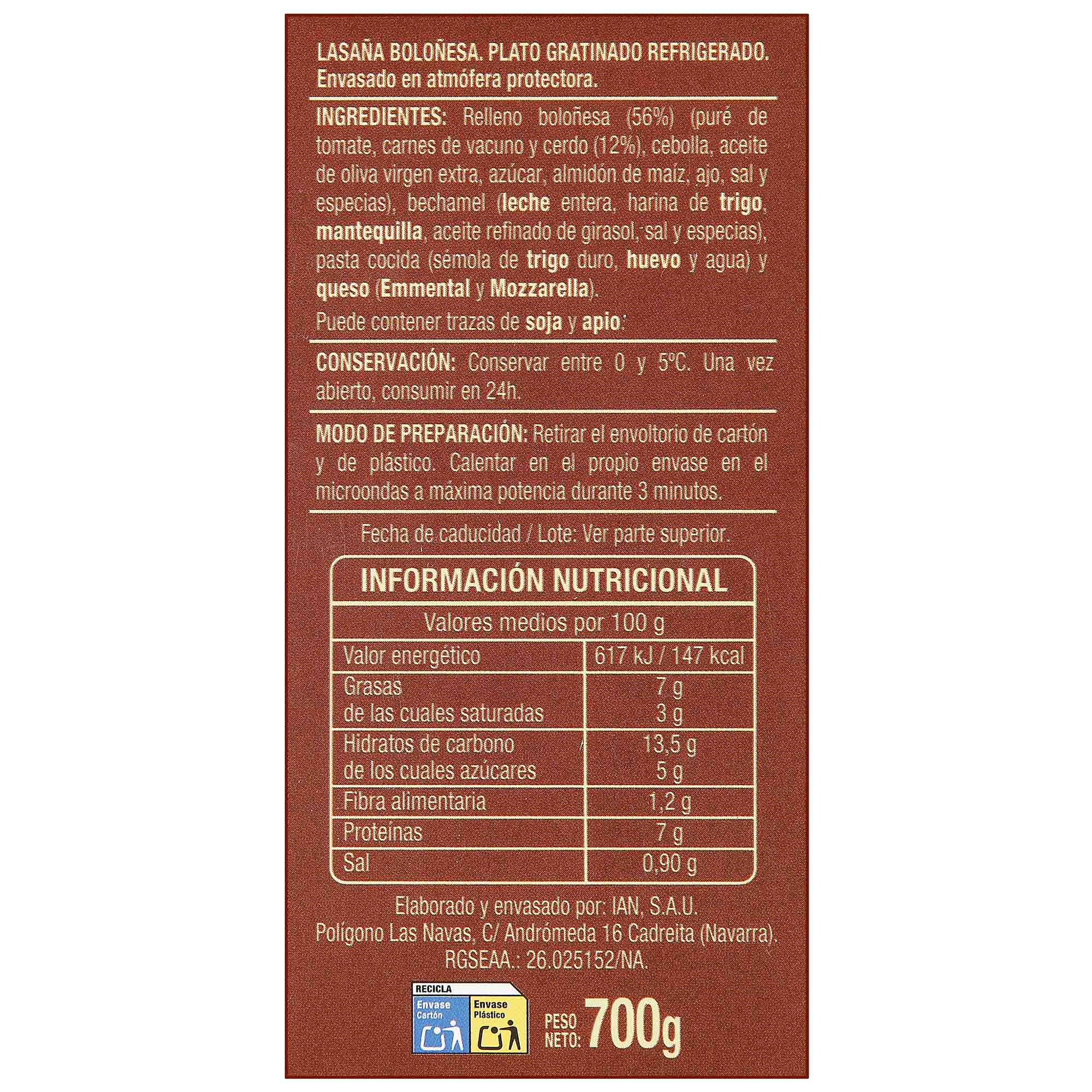 Lasaña gratinada boloñesa 700g