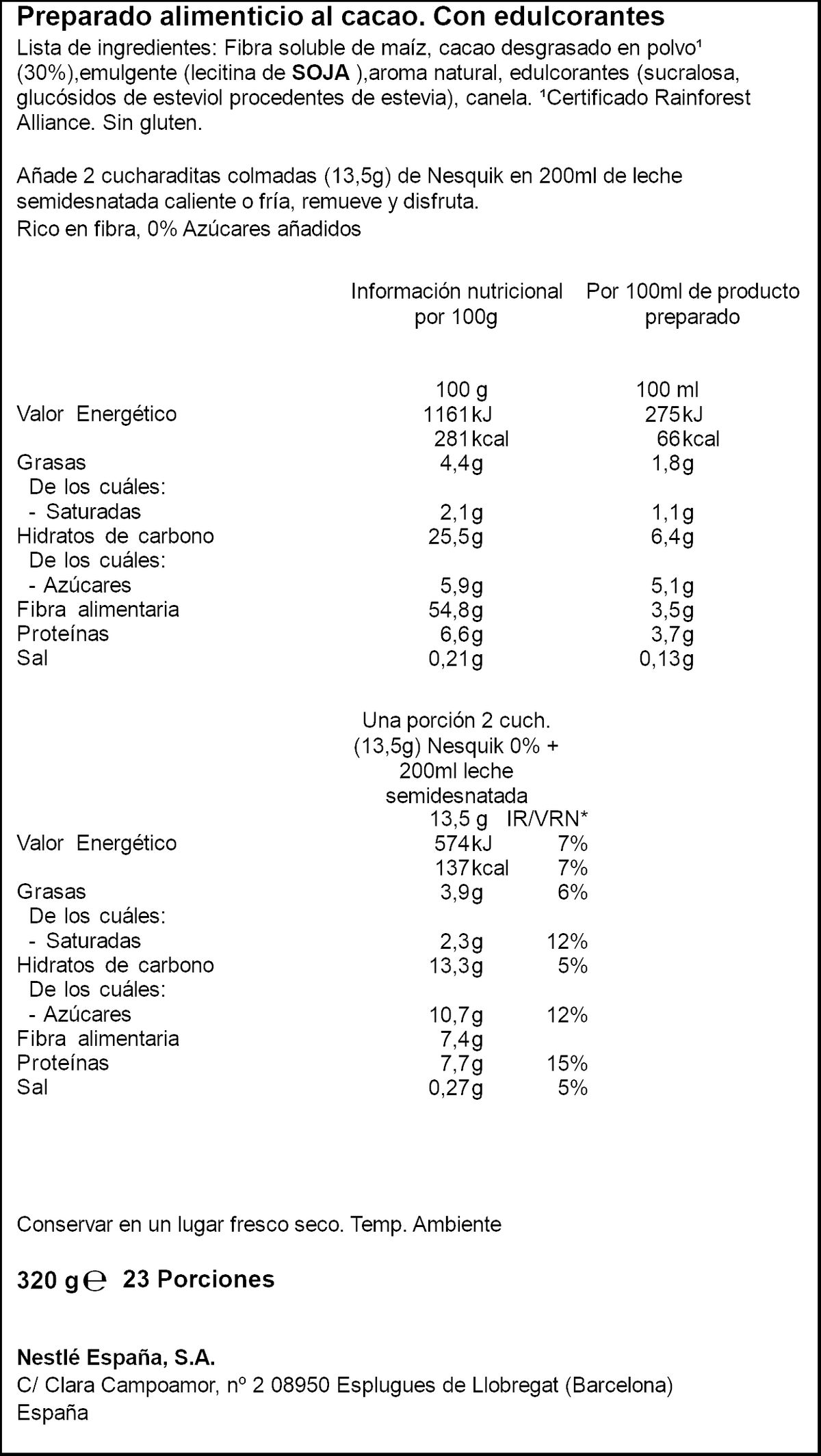 Cacao soluble instantáneo Nesquik 0% 320g