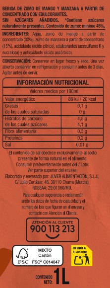Néctar sin azúcar brick con mango y manzana Alipende 1l