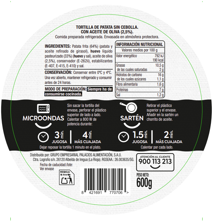Tortilla de patata sin gluten Alipende 600g sin cebolla