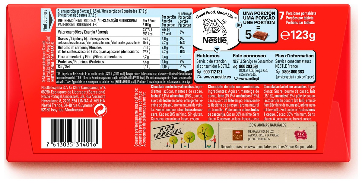 Chocolate con leche almendras Nestlé 123g