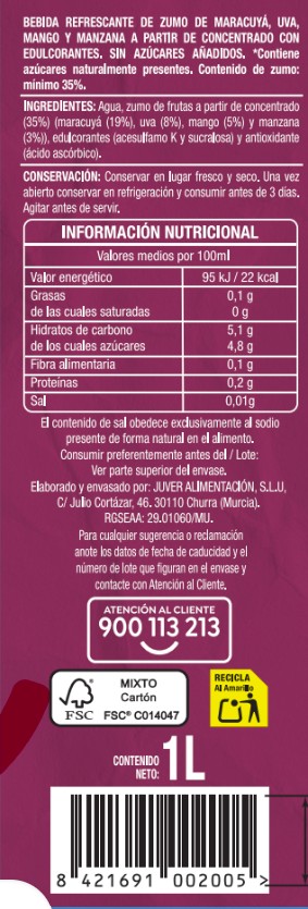 Bebida sin azúcar añadido alipende 1l maracuyá