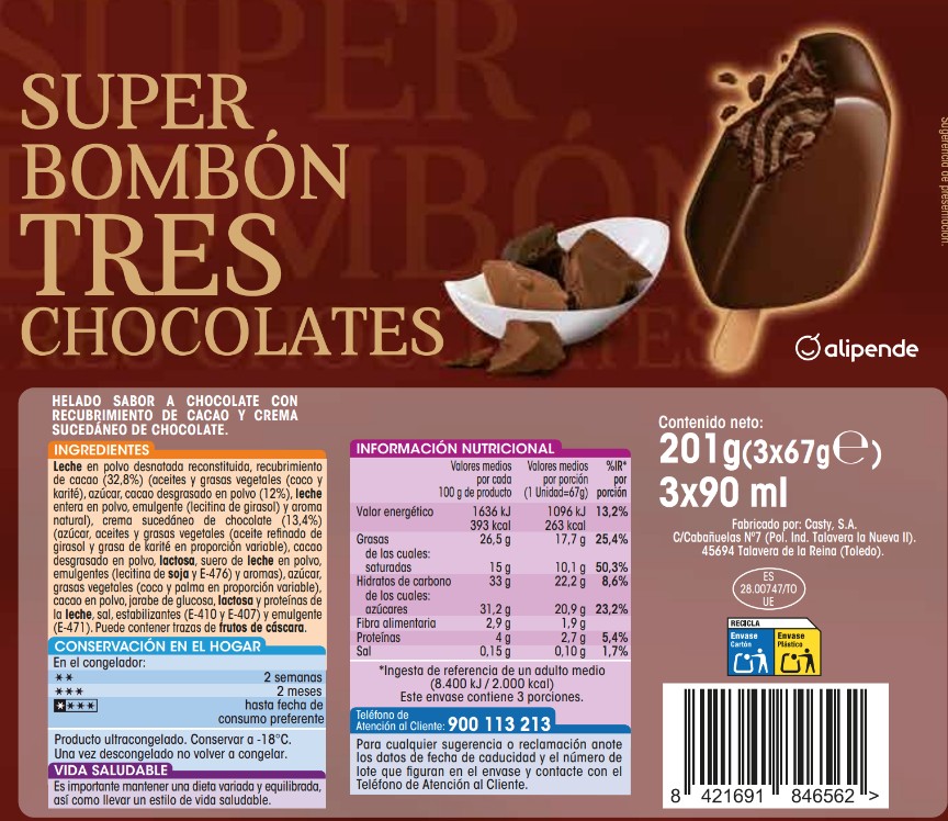 Helado super bombón Alipende 270ml 3 uds tres chocolates