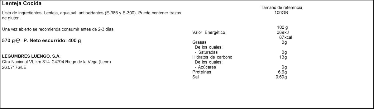 Lenteja pardina cocida Luengo 400g
