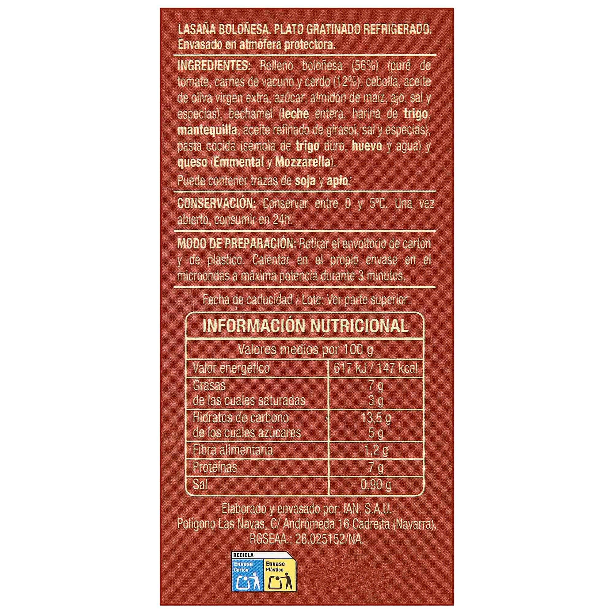 Lasaña gratinada boloñesa 350g