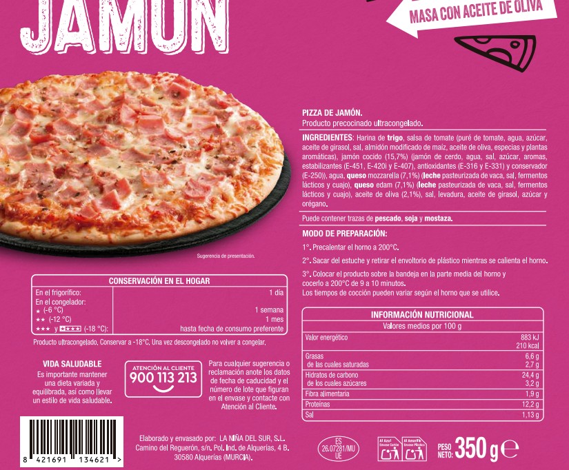 Pizza fina Alipende 350g jamón y queso