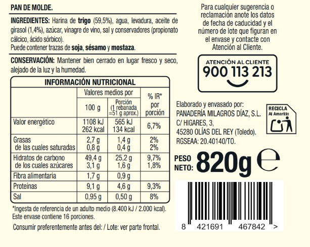 Pan de molde Alipende 820g especial tostada sin tapas