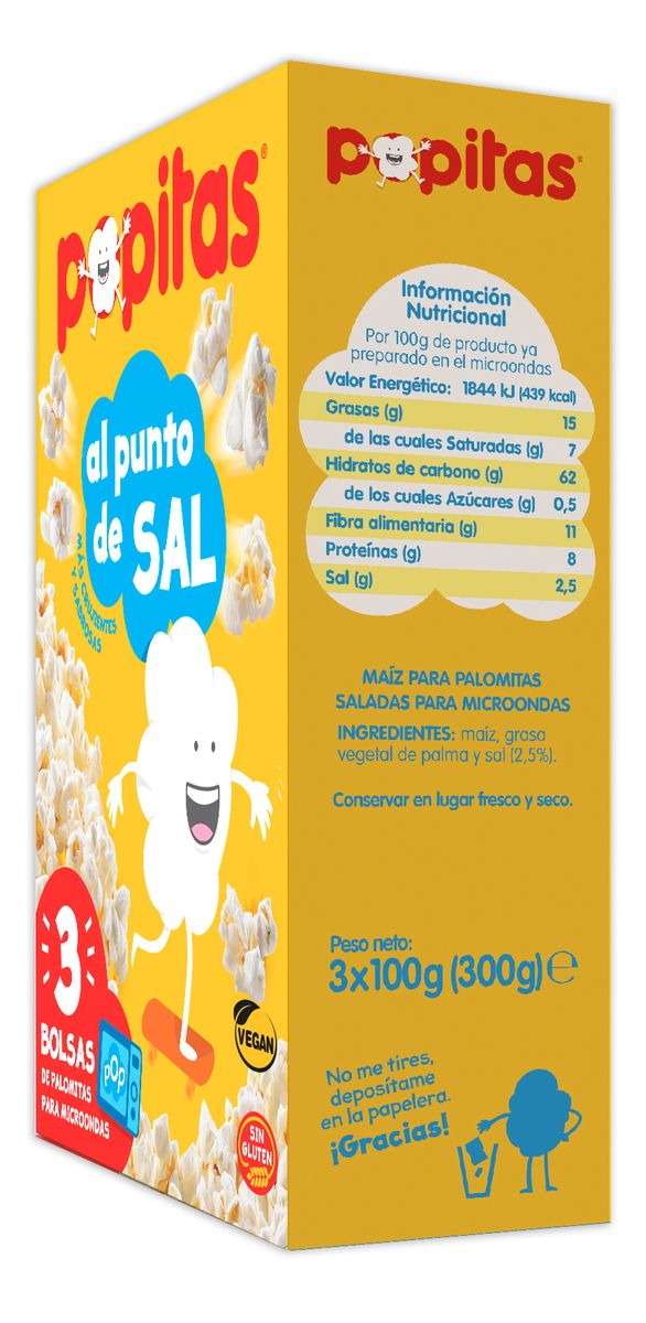 Palomitas punto de sal microondas s/gluten Popitas pack 3