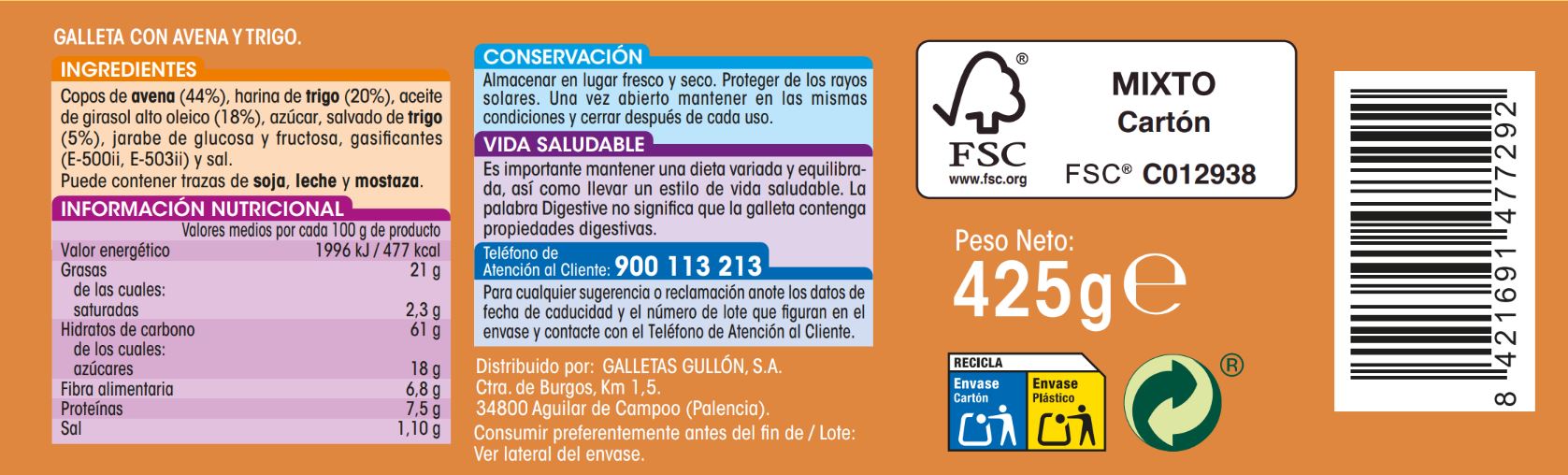 Galleta digestive Alipende 425g avena
