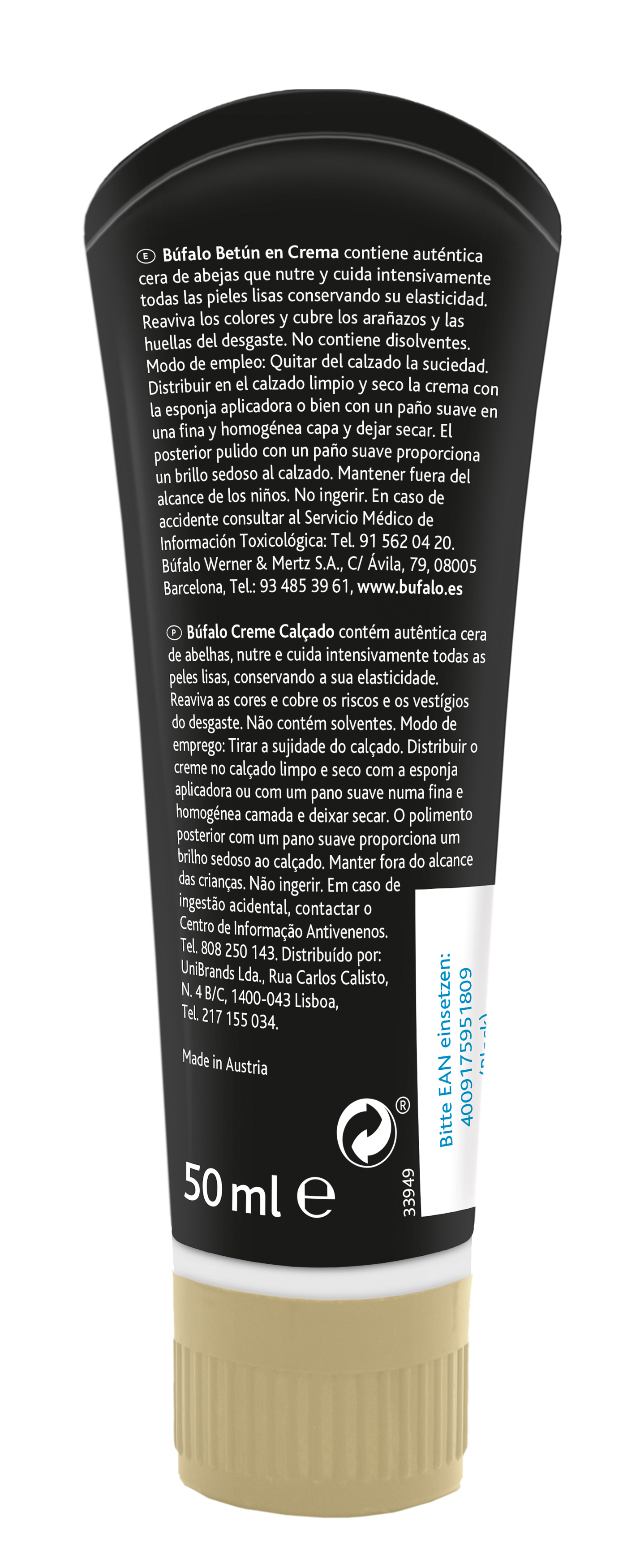 Tubo de betún calzado Búfalo 50 ml negro